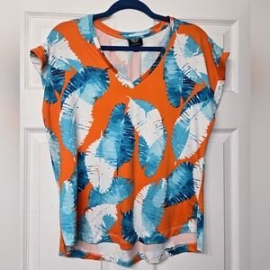 Bobeau Vibrant Orange and Blue Feather Print Tee- M